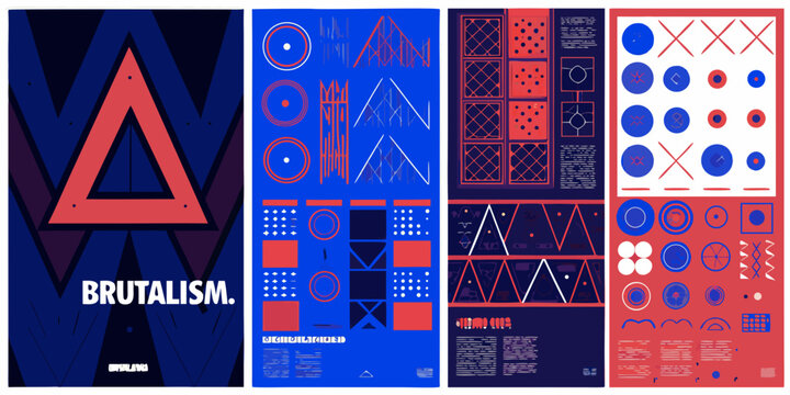 A triptych of abstract geometric designs in red and blue tones