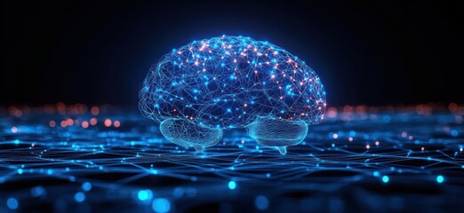 Obraz premium glowing digital brain of interconnected blue nodes and filaments hovering above a luminous network grid, evoking futuristic wonder and technological innovation