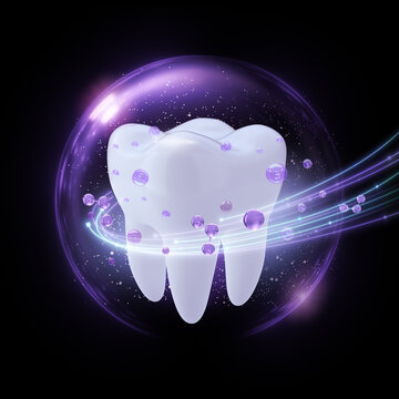 Tooth in translucent bubbles fluorine radius ring and molecule surrounds, Dental hygiene concept, 3D rendering