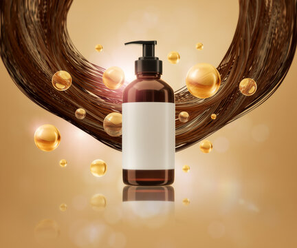 Hair serum or Shampoo bottle mock-up with hair and bubble, Hair care background concept, Clipping path, 3D rendering