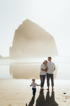 he photograph depicts a family standing on the seashore. The man and woman embrace, creating an atmosphere of warmth, love, and support. A small child stands next to them, clinging to their parents, f