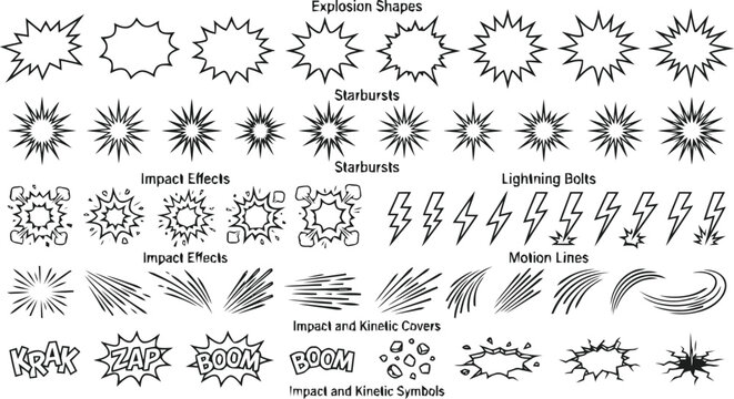 Various doodle-style graphic elements, primarily used to depict comic-style impacts, sunshine, and weather effects. 