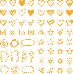 Obraz premium Variety of yellow heart shapes, stars, sparkles, check marks, speech bubbles, and abstract scribbles. 