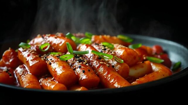 Delicious Korean Tteokbokki with Sesame Seeds and Green Onions