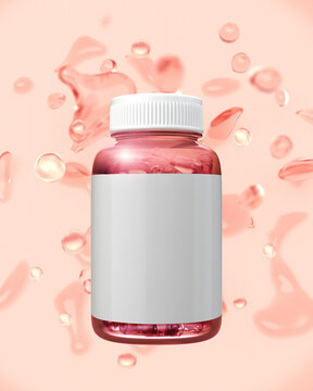 Pill bottle mock-up for supplements, vitamins on background with clipping path, 3D rendering