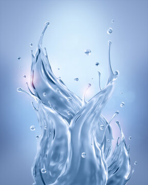 Liquid water splash background for cosmetic product, 3D rendering