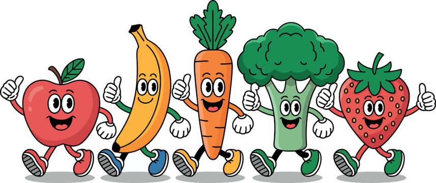 An apple, a banana, a carrot, a head of broccoli, and a strawberry all give a positive thumbs-up as healthy mascots.