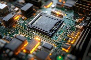 Fototapeta premium close-up of a green printed circuit board with central processor socket, surrounding microchips, capacitors and glowing amber lights conveying high-energy futuristic technology