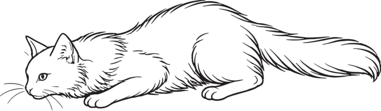 Turkish Angora Cat Pouncing Low Crouch Black and White Line Art Feline Hunting Behavior Illustration
