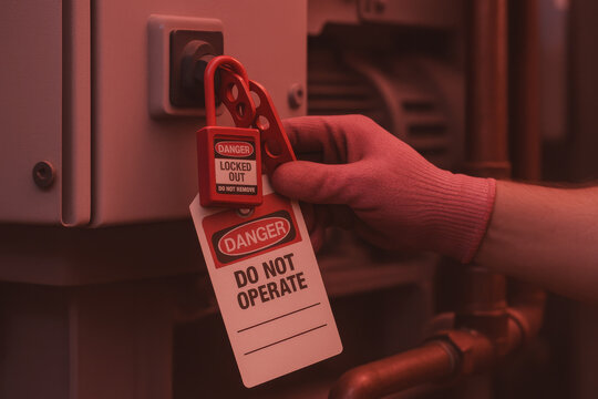 Professional worker hand applying safety lockout on industrial machinery. This serious scene shows critical maintenance procedure with padlock and danger tag for workplace safety