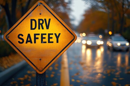 yellow diamond road sign reading 'drv safeey' in foreground beside wet reflective street with blurred car headlights, fallen autumn leaves and a moody cautionary evening atmosphere