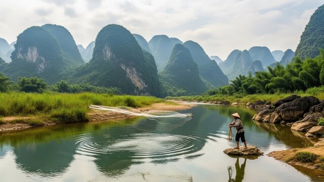 A serene landscape of a person fishing in a tranquil river surrounded by majestic mountains