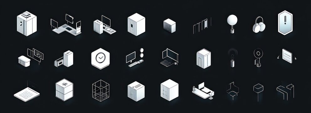 Grid of isometric white technology icons on dark background showing cubes, servers, monitors, laptop, keyboard, headphones, security tokens, shield and interface elements in a sleek minimalist mood