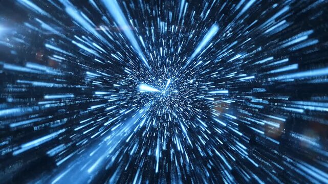 Blurry blue streaks of light radiating from a central point in a dark void