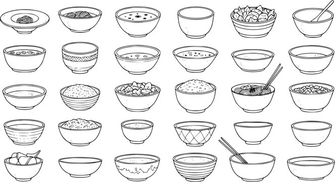 Hand-drawn collection of various bowls. Line art illustrations of empty and filled dishes, including rice, soup, noodles, fruits, and snacks. Black and white vector set.