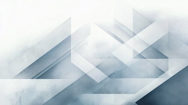 Layered translucent geometric composition of overlapping triangles and parallelograms with soft blue-gray gradients, misty texture and calm minimalist architectural mood
