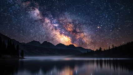 Poster Reflectie A serene night landscape with the Milky Way reflected in a calm lake  © Teh