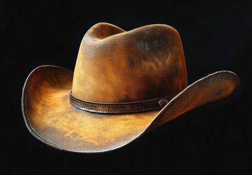 worn brown leather cowboy hat with creased crown and stitched hatband, scuffed wide brim on dark background evoking rugged nostalgic western solitude