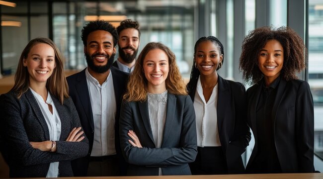 confident diverse corporate team in formal suits standing in a modern glass office corridor with arms crossed
