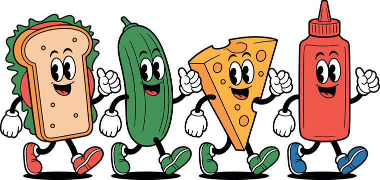 A smiling group of picnic staples marches across the scene with happy, vintage-style faces. 