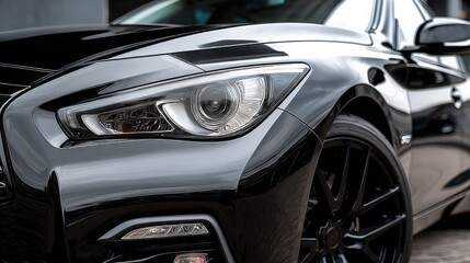 Fototapeta premium Close-up of a sleek black luxury car showcasing modern LED headlights and polished bodywork, symbolizing performance, elegance, and premium automotive design.