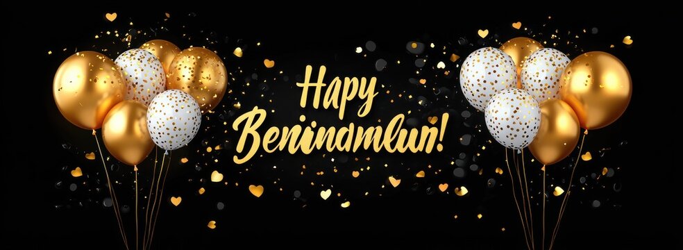 elegant celebratory banner with gold and white confetti balloons, scattered gold heart confetti and festive gold script on a black background conveying joyful celebration