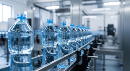 Fototapeta premium Production line of clear plastic bottles filled with water, moving down a conveyor
