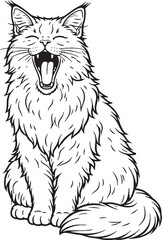 Obraz premium Maine Coon Cat Yawning Sitting Pose Black and White Line Art Illustration
