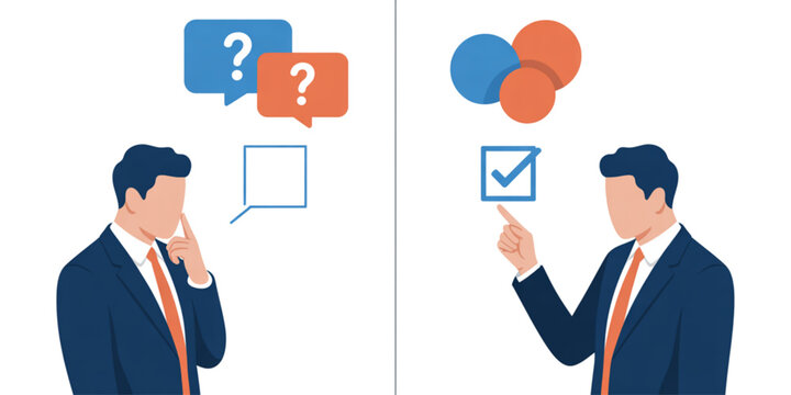 A businessman contemplating questions and a businessman pointing at a confirmed solution choice Vector