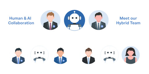 Fototapeta premium A conceptual illustration showing human employees working together with artificial intelligence robots Vector