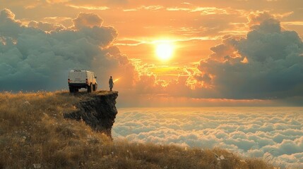 Fototapeta premium person and van at cliff edge overlooking a sea of clouds at golden sunrise, solitary awe on a grassy plateau