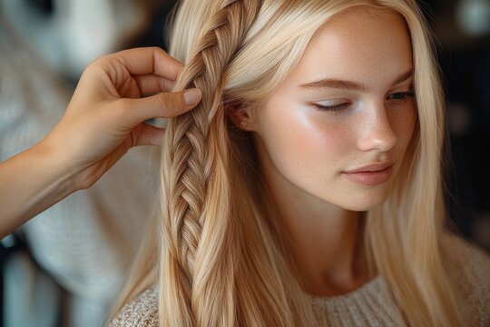 Hand gently braiding long blonde hair into a side braid, woman in knit sweater with small earring, cozy indoor scene conveying calm care