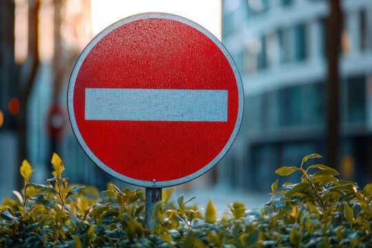 Red circular no entry traffic sign with a white bar, weathered and centered on a metal post, in a city street with foreground plants and blurred modern buildings in the background