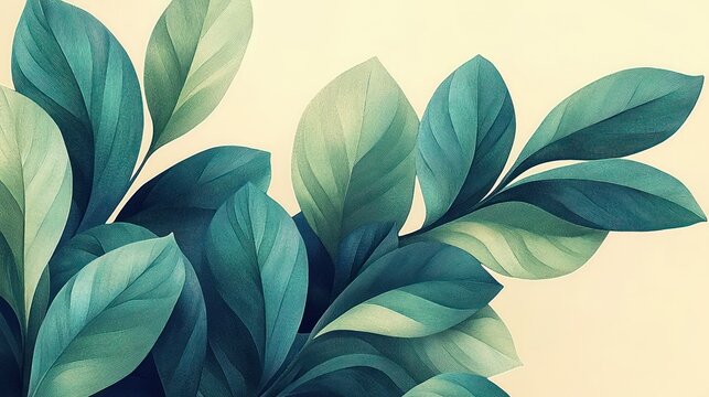 cluster of layered teal and green leaves on a soft cream background conveying calm serene botanical tranquility