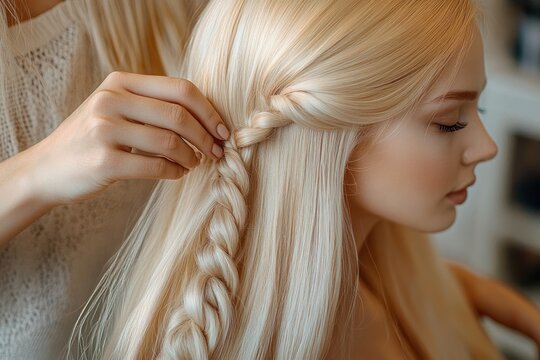 hands braiding long silky blonde hair beside a cozy knitted sweater, creating a loose braid in a gentle calm intimate moment
