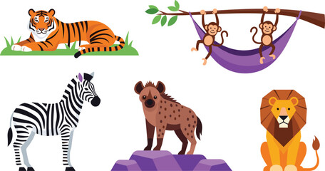 Fototapeta premium Wildlife Safari Animal Collection Featuring Tiger, Zebra, Hyena, Monkey, and Lion, Perfect for Kids' Designs, Educational Materials, and Nature Campaigns