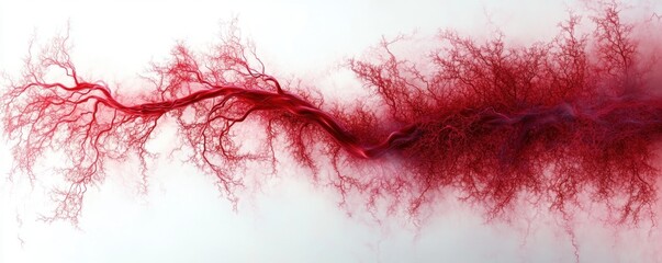Fototapeta premium Intricate red branching vascular network on a pale background with a twisting central trunk and delicate capillary tendrils, organic and pulsating