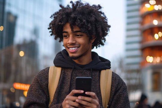 young person with afro hairstyle wearing hoodie and backpack intently using smartphone in urban evening with blurred modern buildings and warm lights