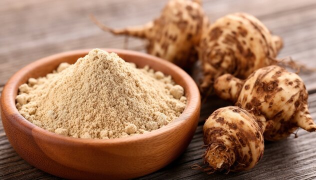 Maca Root and Powder: An intimate view of a wooden bowl filled with maca powder. The roots displayed with a weathered wood table showcasing its natural origins and health-giving potential.