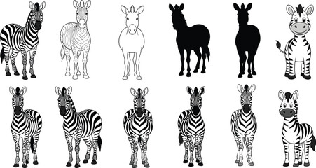 Fototapeta premium Zebra Character Set in Different Styles Including Line Art, Silhouettes, and Full-Color Designs, Perfect for Kids' Designs and Animal-Themed Products