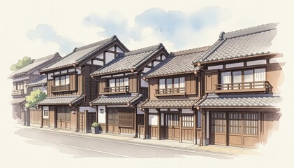 Naklejka premium Japanese Architectural Beauty: A line of traditional Japanese buildings, showcasing intricate wooden architecture and tiled roofs, exuding a sense of timeless beauty and cultural heritage.