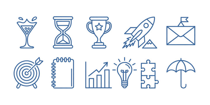 A collection of ten blue line art icons representing various business and creative productivity concepts Vector