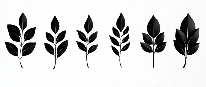 seven black leafy botanical silhouettes in a horizontal row on a white background, minimalist elegant modern plant motifs conveying calm simplicity