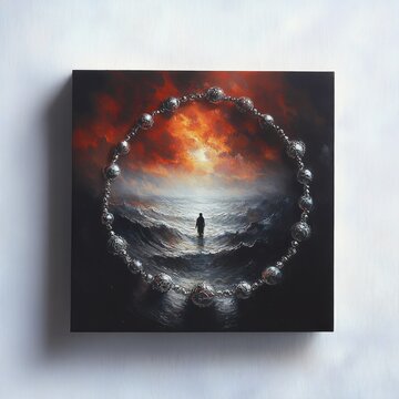 framed canvas of a solitary figure wading into a stormy sea beneath a fiery sky encircled by a ring of metallic beads evoking solitude and foreboding
