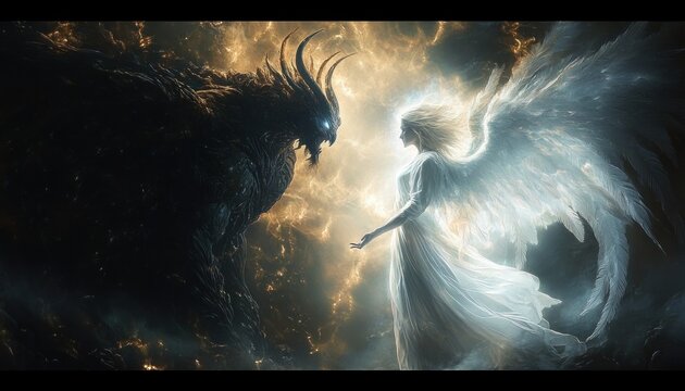 luminous angel in flowing gown with white wings reaching toward a towering horned shadow creature amid swirling cosmic light, tense epic confrontation