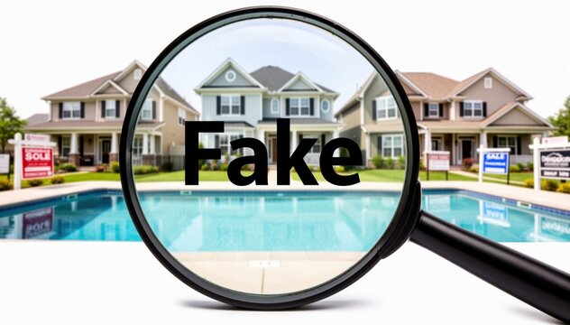 Unveiling Deception: A magnifying glass reveals the word Fake over a pristine swimming pool, with houses in the background, hinting at fraudulent property deals.