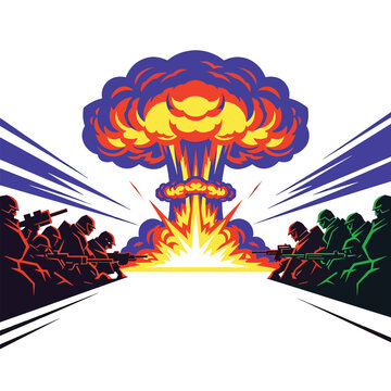 Stylized vector of armed forces in a standoff with a mushroom cloud explosion