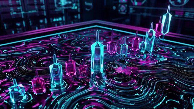 Experience ultra-smooth 4K 60fps visuals with this mesmerizing 3D animation blending fluid dynamics, topographic mapping, and financial data. The scene begins with a tranquil, glowing circular ripple 