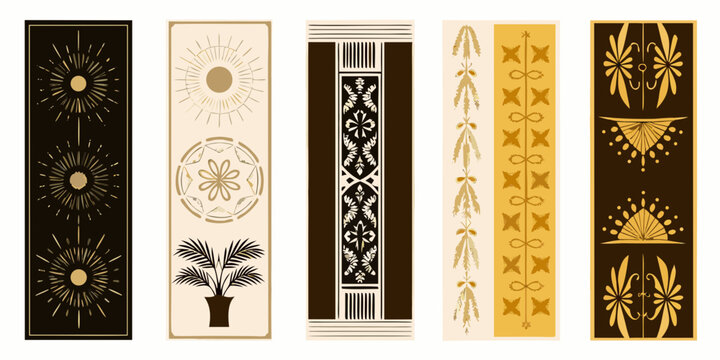A collection of six ornate vertically oriented art deco bookmark designs
