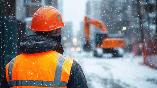 Construction worker in orange hard hat and reflective vest standing in falling snow at urban site with blurred excavator, conveying cold determination